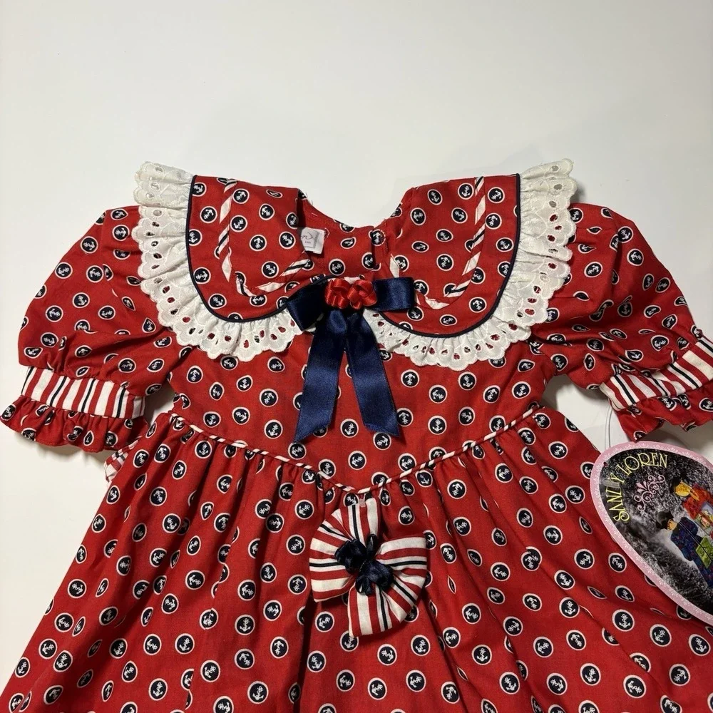Girls Red Polka Dot Cotton Dress with Navy Bow